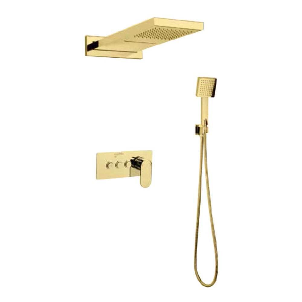 Mistillo Ankastre Banyo Bataryası Seti, Altın (Duvardan Şelale Tepe Duşu, Elduşu, Butonlu Üç Yönlü Kartuş), MAK-134